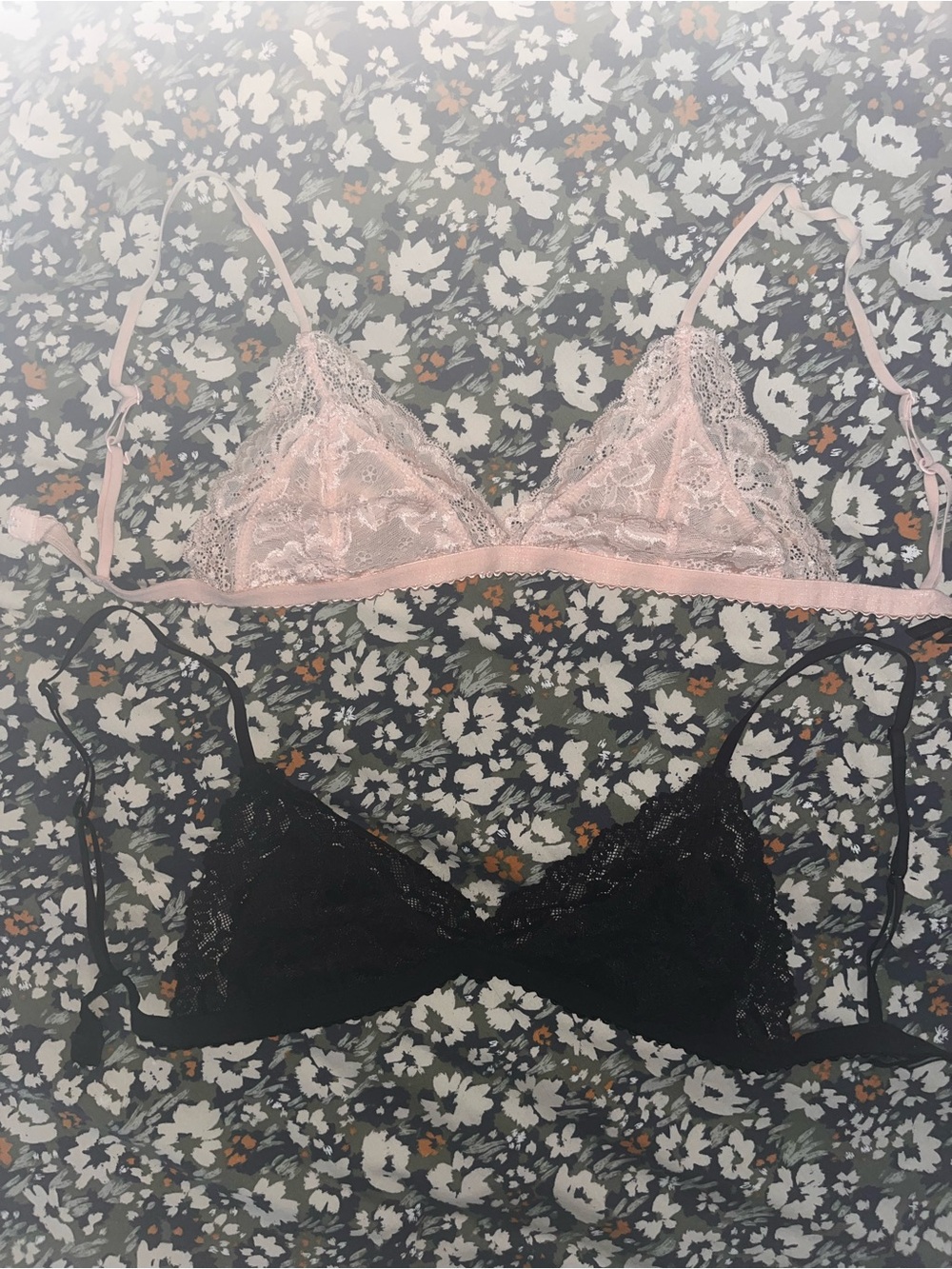 Set of Two Lace Triangle Bralettes - Pink and Black